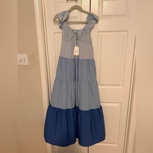 English Factory Blue Tiered Maxi Dress with Navy Hem